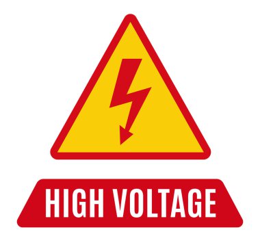 Sarı üçgen üzerinde kırmızı şimşek işareti olan yüksek voltajlı bir uyarı, elektrik tehlike bölgesini belirtmek için kullanılır.
