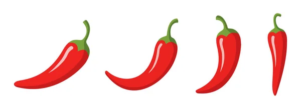 Farklı şekillerde yeşil saplı kırmızı biberli vektör illüstrasyon seti, baharatlı yemek tasarımları, ikonlar ve aşçılar için ideal.