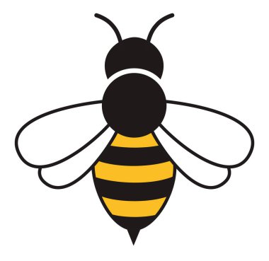 Siyah ve sarı çizgili, beyaz kanatlı ve siyah antenli stilize edilmiş bir arı resmi.