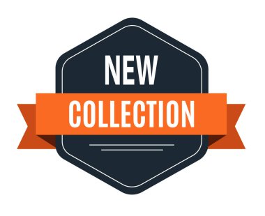 Ürün lansmanları, satışları ve e-ticaret ve perakende şirketleri için tanıtım materyalleri için ideal turuncu kurdeleli yeni bir koleksiyon rozeti.