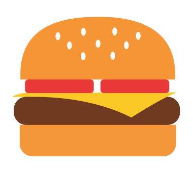 Bir köfte, peynir ve iki dilim domates içeren bir hamburger çizimi klasik fast food tasviri için mükemmel.