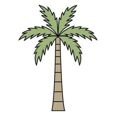 Yeşil palmiye ağacı çizimi, plaj temaları, yaz tasarımları ve seyahat reklamcıları için mükemmel bir tropikal tatil ikonu.