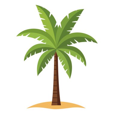 Kum adasında tropik palmiye ağacı, yeşil yapraklı canlı bir çizgi film çizimi, plaj tatilleri, yaz tatilleri için ideal.,