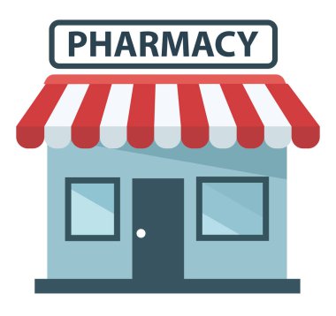 Bir karikatür eczanesi tenteli, sağlık, ilaç ve eczacılık hizmetlerini temsil eden bir vitrin..