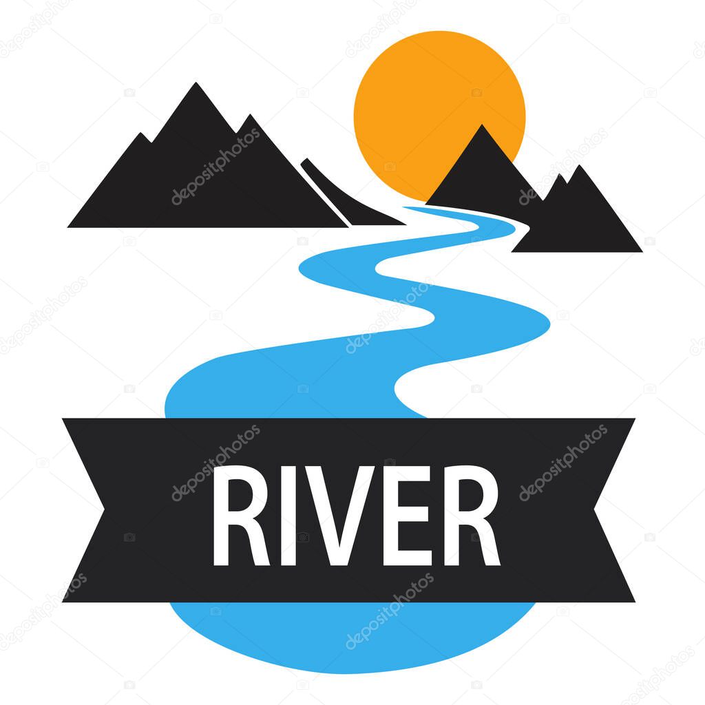 A vibrant river logo with flowing blue water, silhouetted mountains, a bright sun, and a banner proudly displaying river