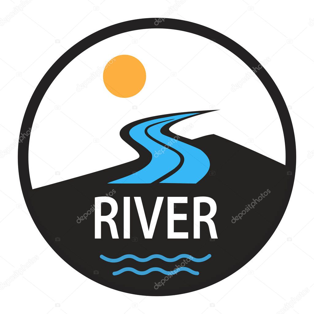 A captivating circular river logo featuring a winding blue river, a mountain silhouette, a sun, and the word river