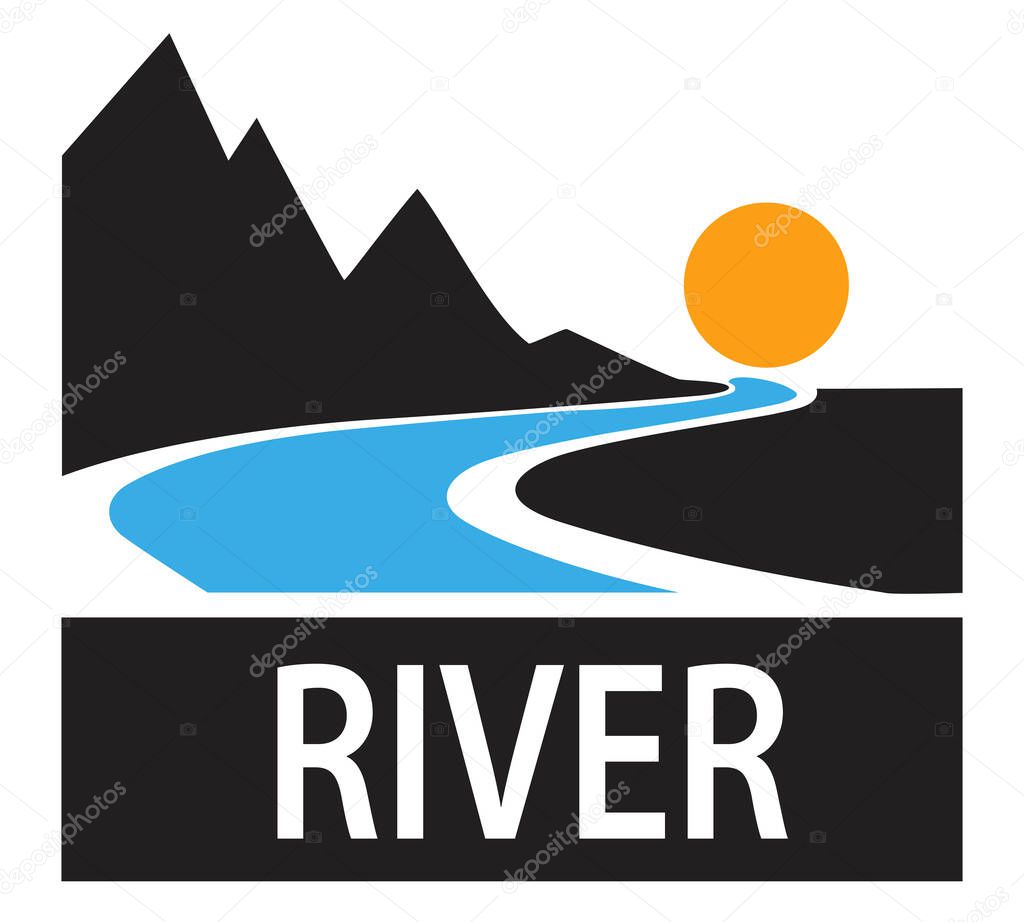 A winding blue river illustration flowing from a bright orange sun, framed by dark mountain silhouettes