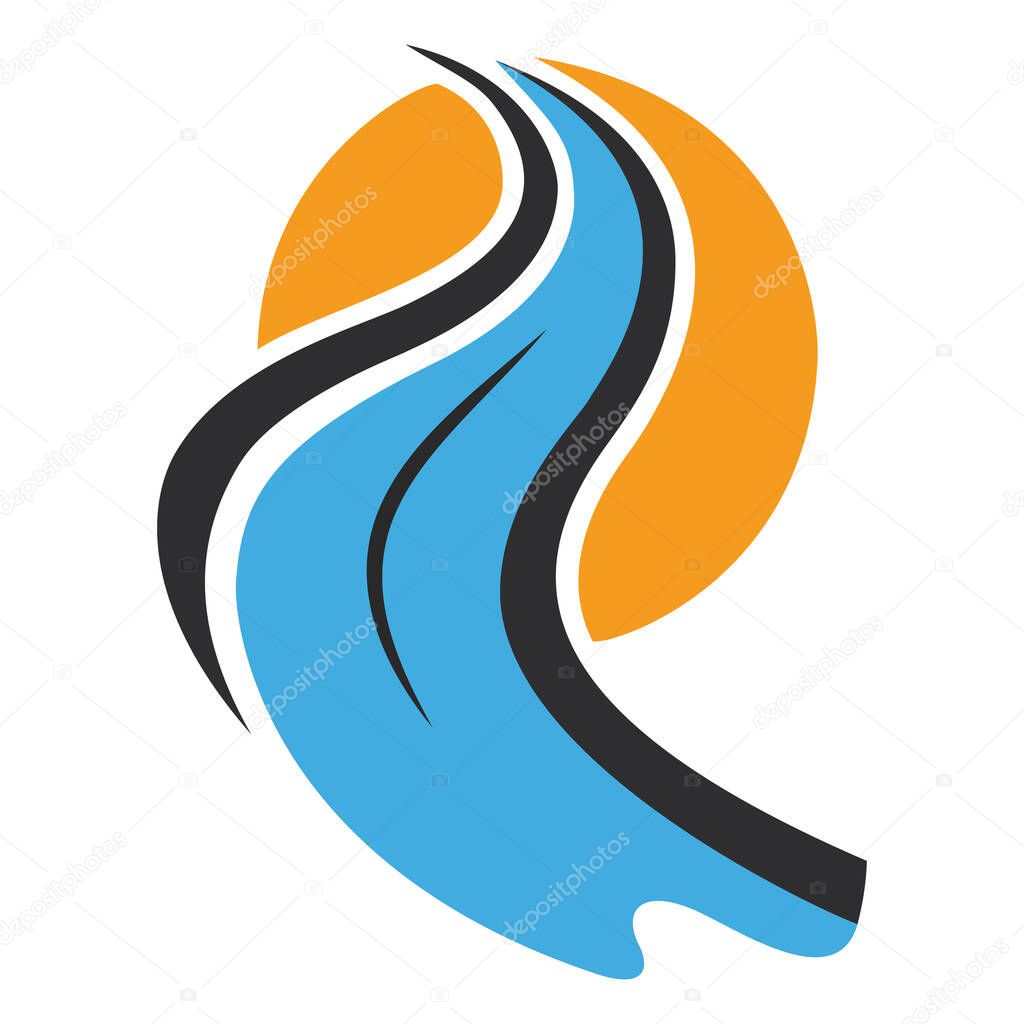 Abstract river flow with orange sun, a dynamic blue waterway curving against a bright sun, ideal for environmental, water