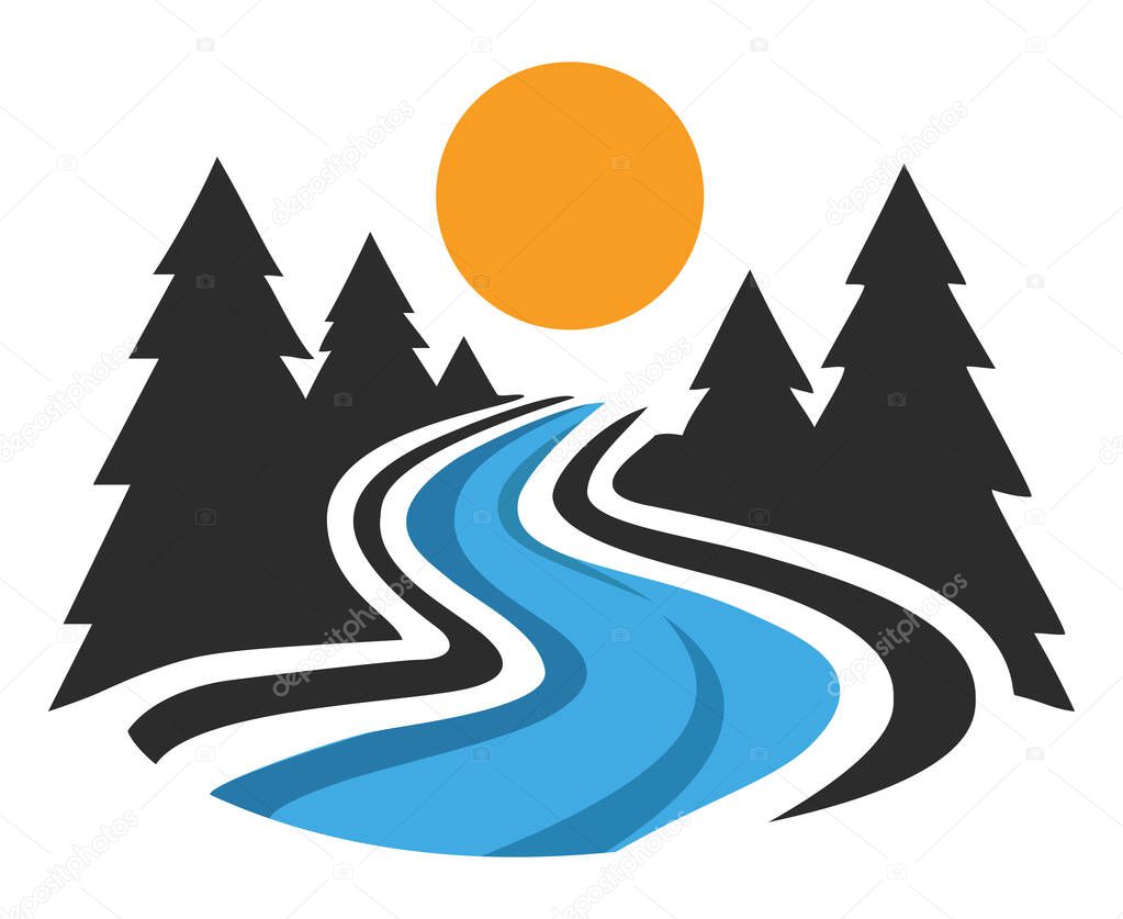 Forest river landscape with sun, a vibrant outdoor scene featuring a winding blue river, dark trees, and an orange sun