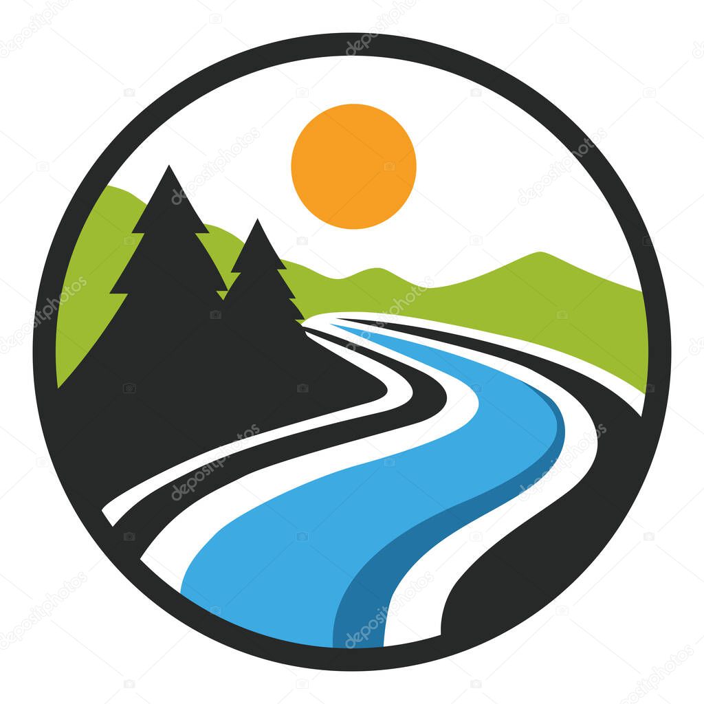 Lush landscape circular emblem with river, trees, and sun, a vibrant nature icon perfect for outdoor adventure, eco-friendly