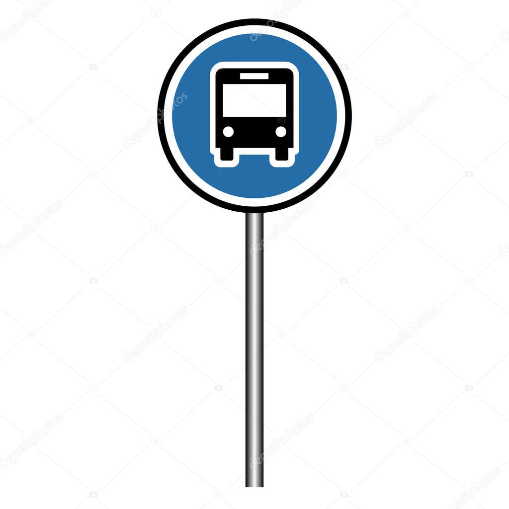 A clear blue and white bus stop sign on a pole, indicating a designated area for public transportation and passenger pickup