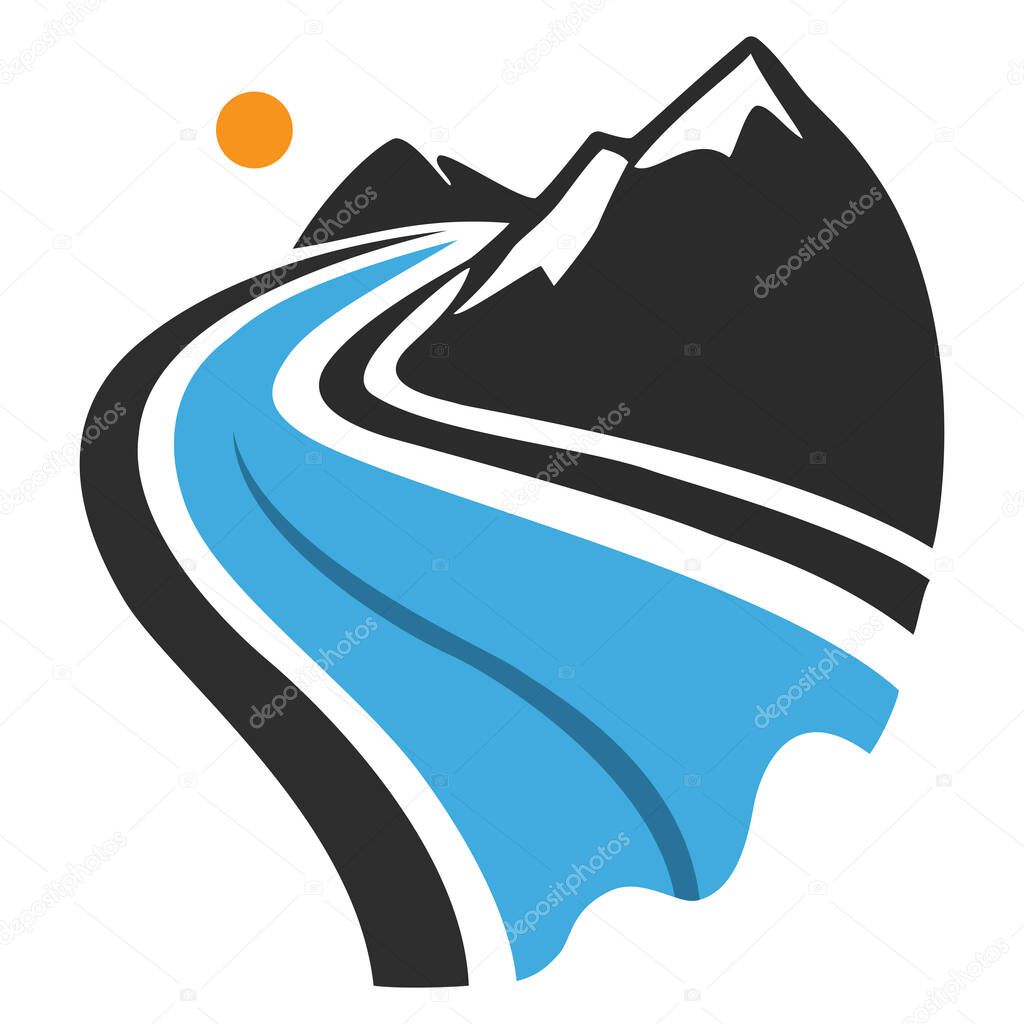 River flowing through majestic mountains under a sun, perfect for nature, travel, and adventure themes.