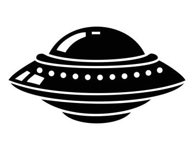 Uzay mekiği silueti UFO 'ları, uzaylıları, bilim kurguyu ve dünya dışı varlıkları temsil eden bir uçan dairenin siyah silueti.