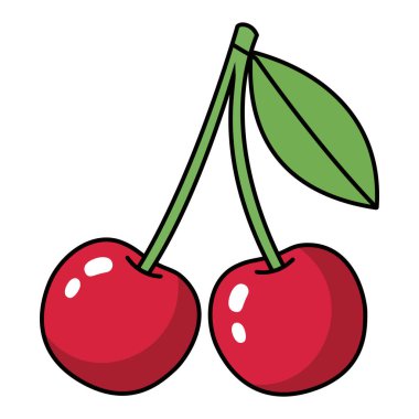 İki olgun kırmızı kiraz ikonunun canlı bir çizgi film çizimi. Yeşil saplı ve yapraklı. Yemek, meyve ve tatlı için mükemmel.