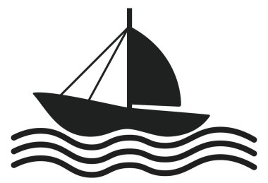 Dalgalar üzerindeki tekne silueti, seyahat, deniz ve deniz temaları için vektör illüstrasyonu