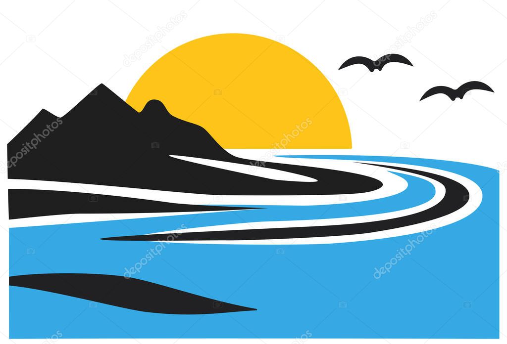 A landscape illustration with black mountains, a yellow sun, blue water, and flying birds, depicting nature and travel