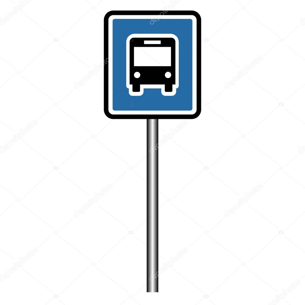 A blue square bus stop sign with a white bus icon, indicating a designated public transport area