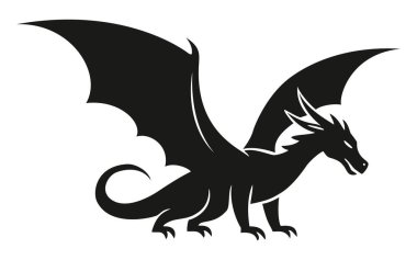 Kanatları açık vahşi bir siyah ejderha silueti, fantezi, mitoloji, güç ve ortaçağ teması için ideal.