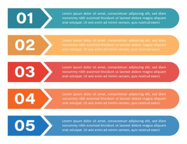 Renkli numaralandırılmış yatay çubuklar bilgi aktarma şablonu, sıralı bilgi, adımlar veya açık ve meşgul edici bir biçimde bir liste sunmak için mükemmel.