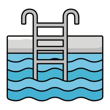 Mavi dalgalı suyu ve metal merdiveni olan bir yüzme havuzu çizimi.