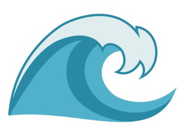 Köpüklü karikatür tarzı mavi okyanus dalgası arması, seyahat, sahil ve sörf temaları için vektör çizimi