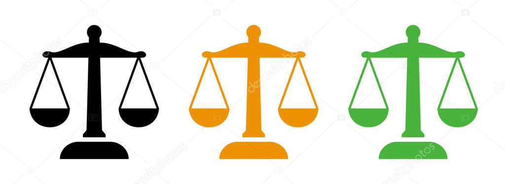 Scales of justice logo set in black, orange, and green, an illustration representing justice, law, balance, equality