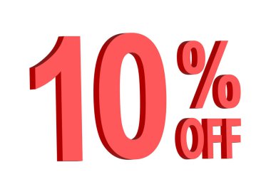 % 10,% 10 indirim metni grafiği koyu kırmızı 3D harflerle, reklam pankartı, kuponlar ve özel teklifler için.,