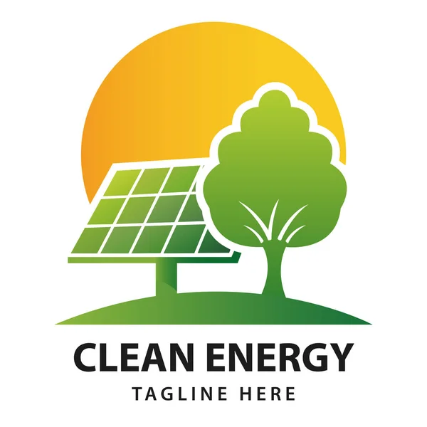 Güneş altında güneş paneli ve ağaç olan temiz enerji logosu, sürdürülebilir enerji için çevre dostu yenilenebilir enerji sembolü