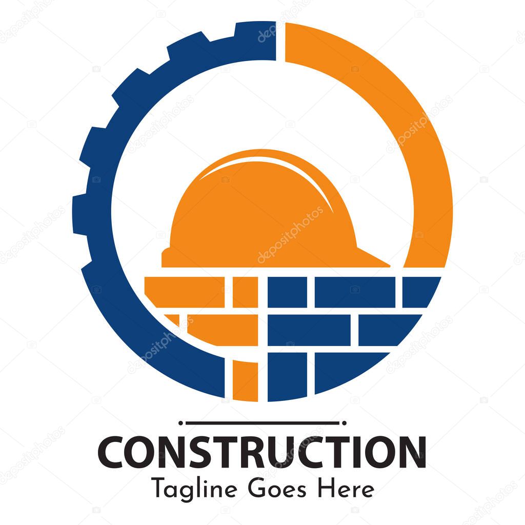 Construction vector logo, Helmet, gear, and brick illustration, builder company branding, contractor business