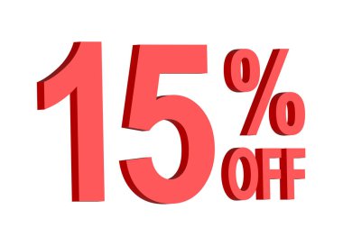 % 15,% 15 indirim metni grafiği koyu kırmızı 3D harflerle, reklam pankartı, kuponlar ve özel teklifler için.,