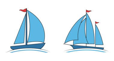 Yelkenli yelkenli tekneler ve deniz macerası ve okyanus seyahati aktiviteleri için kırmızı bayraklı vektör çizimleri.