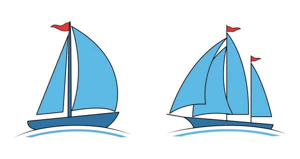 Yelkenli yelkenli tekneler ve deniz macerası ve okyanus seyahati aktiviteleri için kırmızı bayraklı vektör çizimleri.
