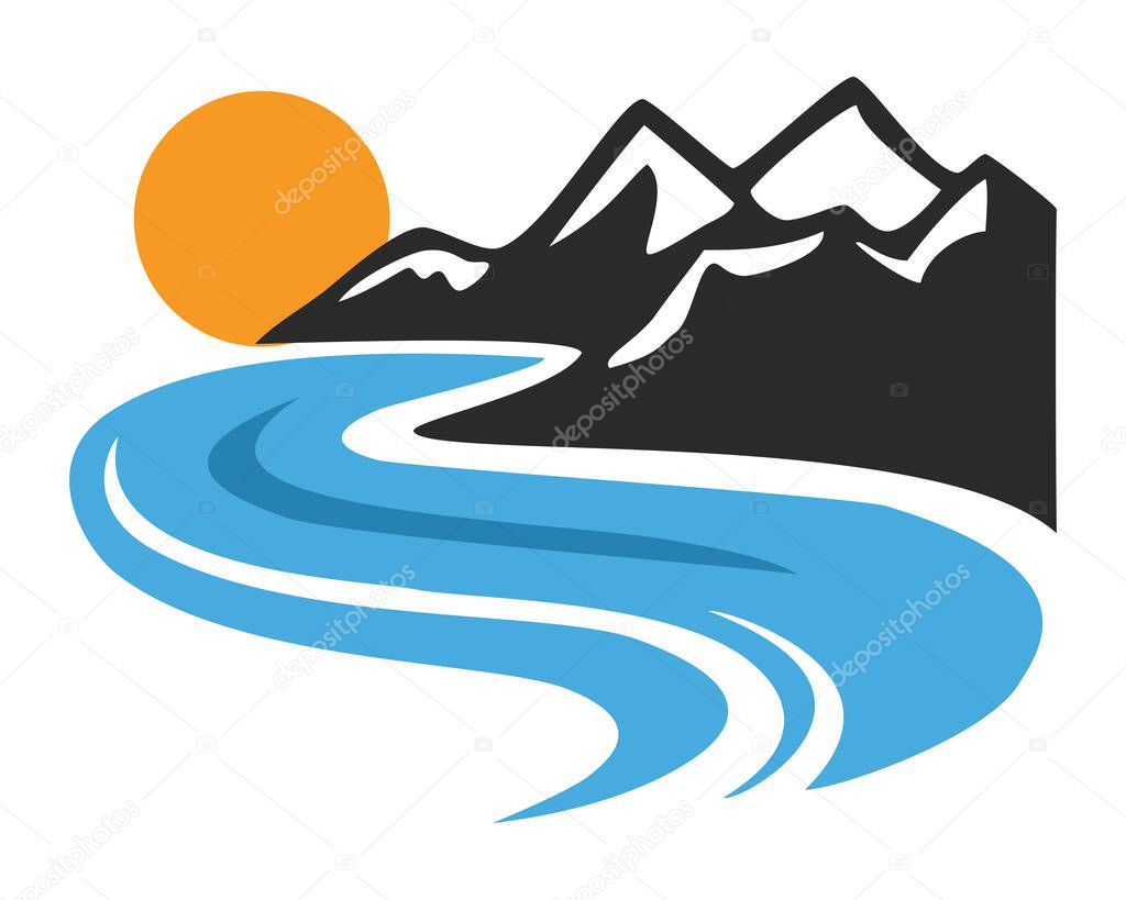 A vibrant illustration of a river winding through mountains under a bright sun, perfect for travel and nature themes.