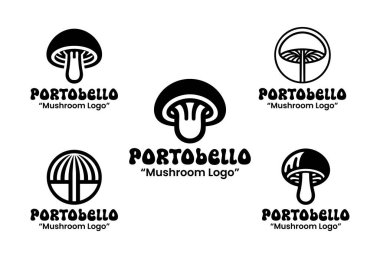 5 portobello mantar logosu koleksiyonu. Gıda, sağlık ve sağlık sektörlerindeki işletmeler için ideal. Bu logolar portobello mantarlarının organik ve taze özelliklerini vurguluyor, doğal gıda ürünlerini markalaştırmak için mükemmel. Siyah ve Beyaz