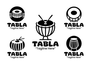 Klasik Hint perküsyon temalarının sergilendiği 5 tabla logosundan oluşan bir koleksiyon. Müzik stüdyoları, etnik markalaşma ve ritimli kimlik projeleri için mükemmel. siyah ve beyaz logo tasarımları zarif siluet tarzı ve