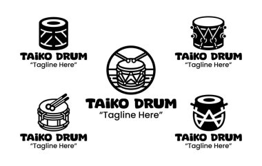 Japon festival davulları ve geleneksel gösteri sanatlarından esinlenilmiş 5 taiko davul logosundan oluşan bir koleksiyon. Müzik okulları, sahne etkinlikleri ve kültürel markalaşma için ideal. siyah ve beyaz logo tasarımları zarif siluet tarzı ve