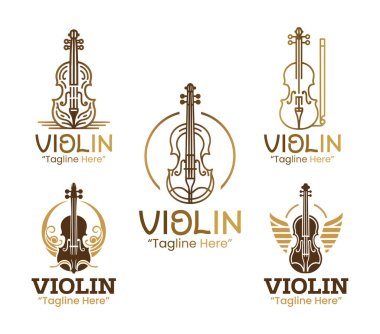 5 keman logosundan oluşan bir koleksiyon zarif ve klasik estetik sergiler. Orkestralar, müzik akademileri ve kaliteli sanatsal markalaşma için ideal.