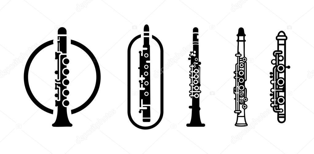 A collection of 5 professional clarinet logo designs representing classical and jazz music concepts. Perfect for music academies and identity design.