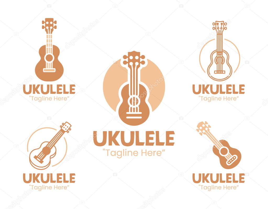 A collection of 5 ukulele logo designs inspired by tropical, lighthearted, and creative themes. Perfect for music schools, island branding, or artistic businesses.