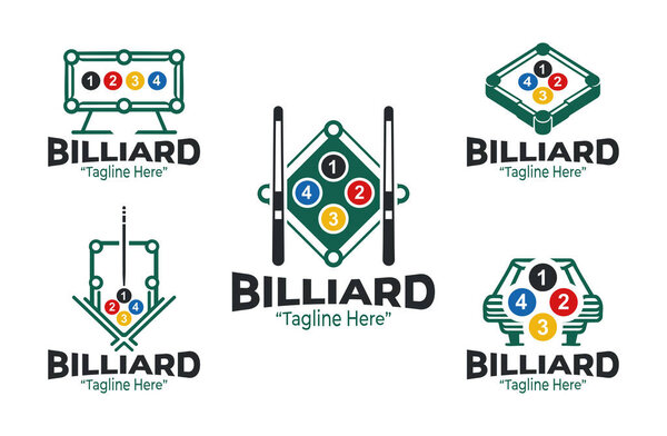 A collection of 5 billiard logo designs, perfect for pool halls, tournaments, or billiard-themed events. The designs evoke a sense of strategy and skill associated with the game.
