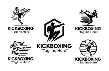 5 kickboks logosundan oluşan bir koleksiyon güçlü tekmeler, yumruklar ve dinamik hareketler sergiliyor. Spor salonları, eğitim akademileri, askeri stüdyolar ve dövüş sporları markaları için uygun. Siyah-beyaz siluet biçimi.