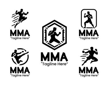 Çarpıcı, yakalama ve kafes dövüşü temalı 5 MMA logo tasarımından oluşan bir koleksiyon. Dövüş salonları, terfiler, akademiler ve rekabetçi dövüş markaları için mükemmel. Siyah-beyaz siluet biçimi.
