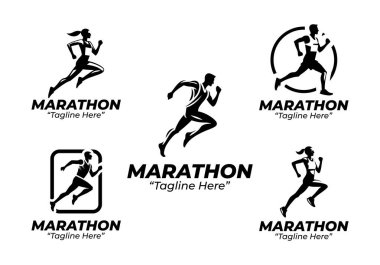 Uzun mesafe koşu temaları, dayanıklılık konseptleri ve atletik hareketten oluşan 5 maraton logo tasarımından oluşan bir koleksiyon. Yarış, koşu kulüpleri ve spor markaları için mükemmel. Siyah-beyaz siluet biçimi.