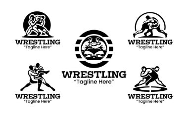 5 güreş logosu dizaynından oluşan bir koleksiyon. İçinde yakalama pozisyonları, kucaklama hareketleri ve tüm vücudun gücü var. Güreş kulüpleri, turnuvalar ve dövüş sporları markaları için mükemmel. Siyah-beyaz siluet biçimi.