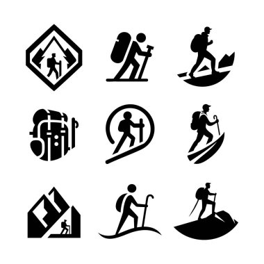 Yürüyüş temalı 9 logodan oluşan bir koleksiyon keşif, dayanıklılık ve doğa aktivitelerini ön plana çıkarıyor. Yürüyüş kulüpleri, macera şirketleri ve açık hava markalaşması için ideal..