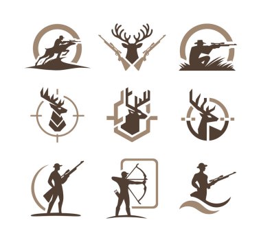 İzleme, vahşi yaşam aktivitesi ve açık hava spor kimliği odaklı 9 adet av temalı logo tasarımı koleksiyonu. Av kulüpleri, açık hava markaları ve macera hizmetleri için uygundur..