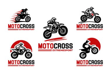 Offroad yarışı, hız ve dublör temaları içeren 5 motokros logosu koleksiyonu. Motor sporu markalaşması ve eyleme odaklı kimlik projeleri için ideal.