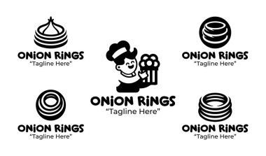 Atıştırmalık markalar ve fast food restoranları için yaratılmış siluet tarzı siyah-beyaz soğan halkalarından oluşan bir set. Menüler, ambalajlar ve günlük yemek kimliği için uygun.
