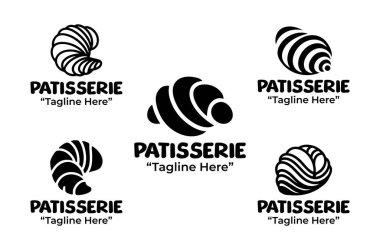 Fırınlar ve tatlı dükkanları için hazırlanmış siluet stili 5 adet siyah beyaz logo dizaynı. Kaliteli hamur işi markalaştırma ve rafine mutfak kimlik projeleri için ideal..