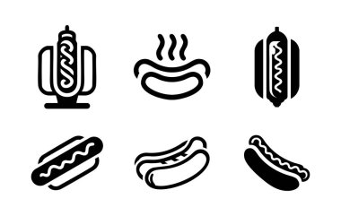 Fast food stantları ve günlük yemek markaları için yaratılmış siluet tarzı altı adet siyah beyaz sosisli logo dizaynı. Menüler, sokak yemekleri ve gıda kimlik projeleri için elverişli.